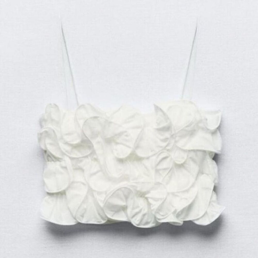 NWT Zara White Ribbed Crop Top With Raised Ruffles Thin Straps Size S